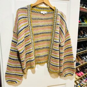 PINCH Striped Chunky Knit Fuzzy Open Cardigan Preppy Academia Grandpa Boyfriend